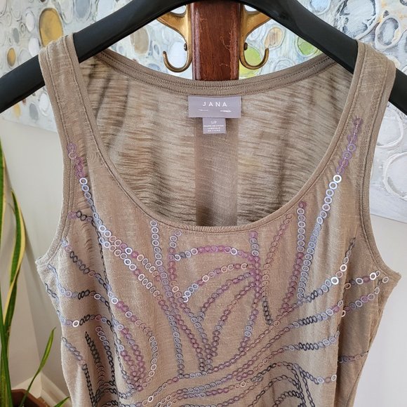 Jana Khaki Green Sequined Tank Top US S - Picture 3 of 8